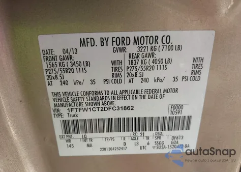 2013 Ford F-150 Xlt из США, поврежденный, VIN 1FTFW1CT2DFC31862